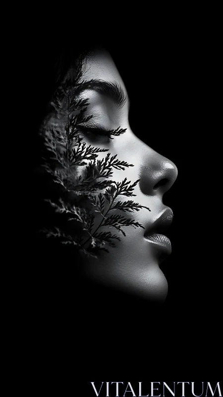 Serene female profile merges with fern shadows in darkness.