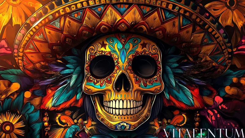 Vibrant sugar skull smiles beneath a bold festive sombrero