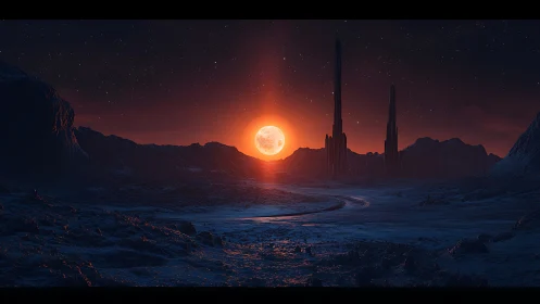 Alien tundra under crimson moonrise and towering spires.