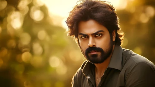 Sunlit portrait of thoughtful man in soft golden bokeh.