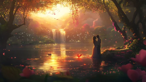 Romantic couple silhouettes with waterfall cascade illuminated by golden sunset.