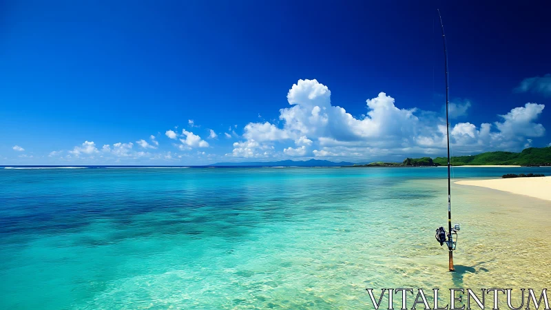 Solitary fishing rod stands on clear tropical shoreline
