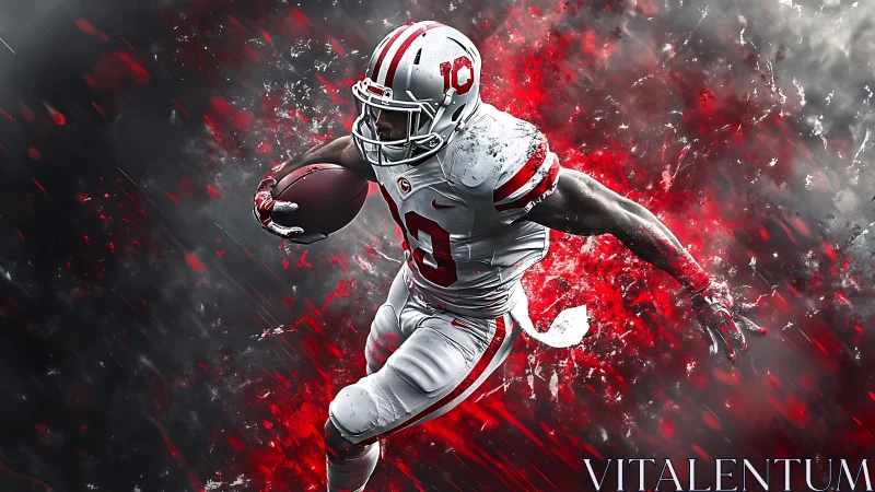 Dynamic gridiron runner amid explosive chromatic particle burst.