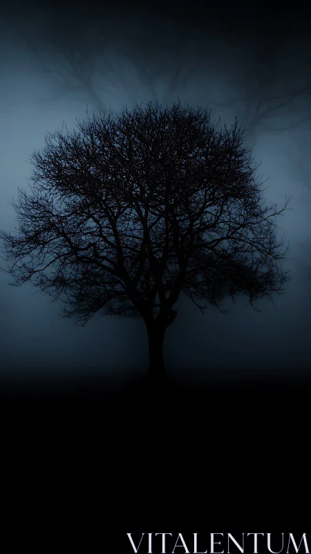 Solitary leafless tree silhouette in dense blue night fog.