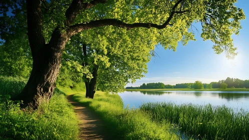Tree-lined lakeside path with bright foliage and waterway.