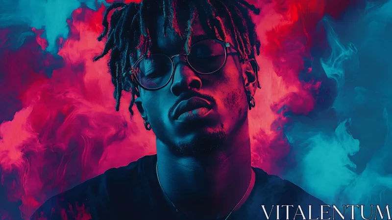 Portrait in neon smoke with intense cyan magenta glow.