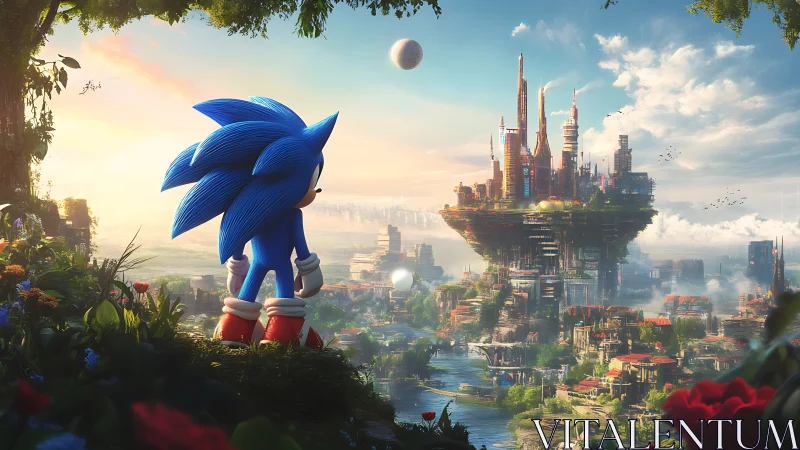 Blue speedster surveying a floating neon-green sky city.