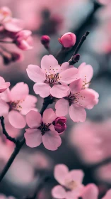 Pink cherry blossoms cluster on dark branches in close focus.