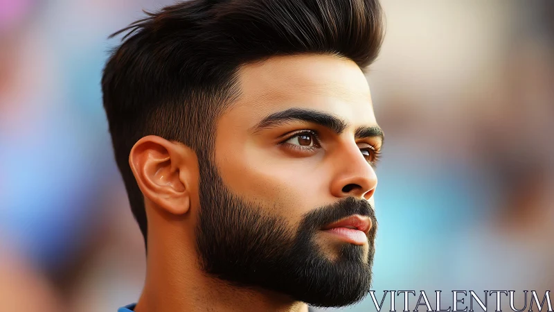 Thoughtful bearded man gazes ahead in soft sunset light