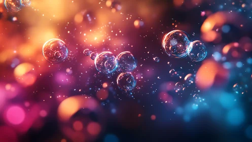 Dreamy glowing bubbles drifting through soft neon light.