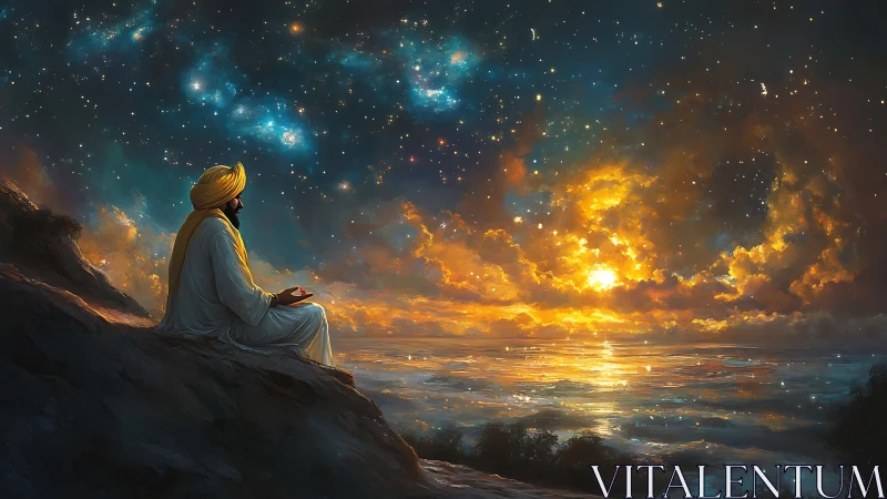 Digital painting of meditative figure under cosmic seascape sky.