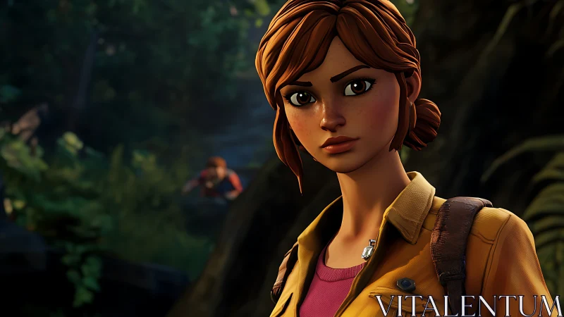 Young explorer studies dense jungle trail with wary focus