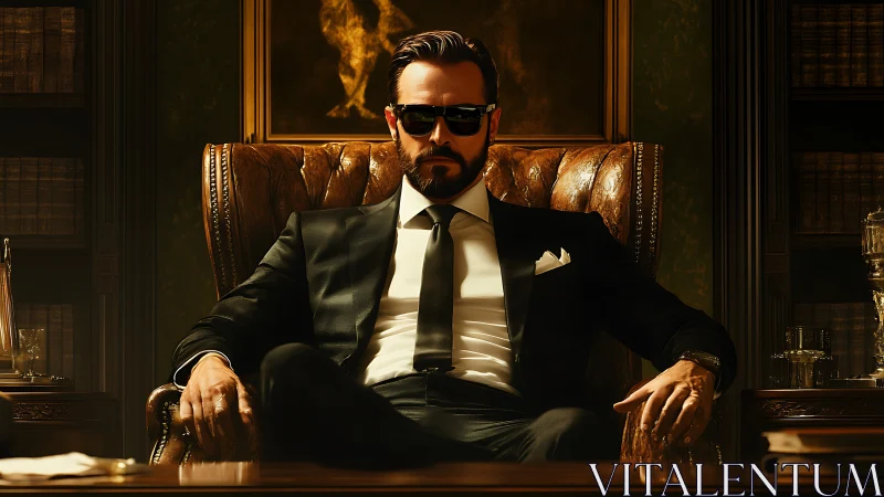 Photorealistic power-portrait in classic executive interior.