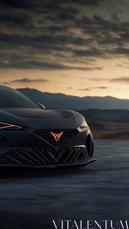Sleek matte-black concept car at moody sunset horizon.
