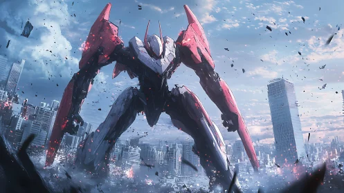 Colossal red mecha storms futuristic city in battle stance.