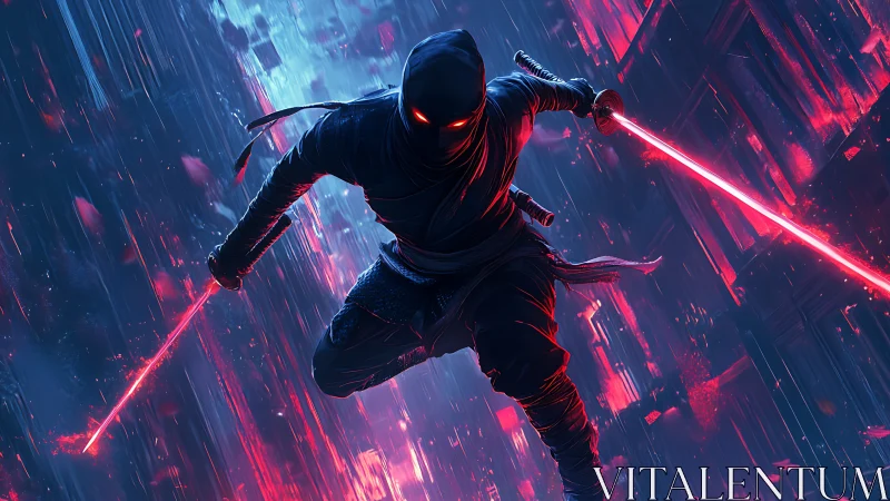 Cyberpunk neon assassin with dual energy blades in descent.