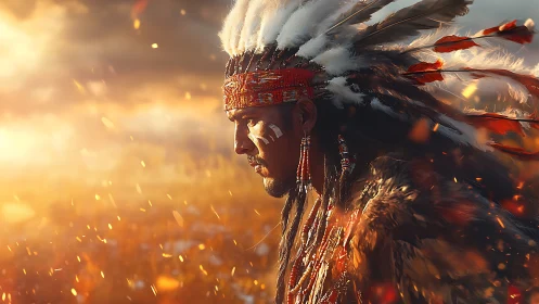 Digital painting profile of tribal leader in ember-lit dusk.