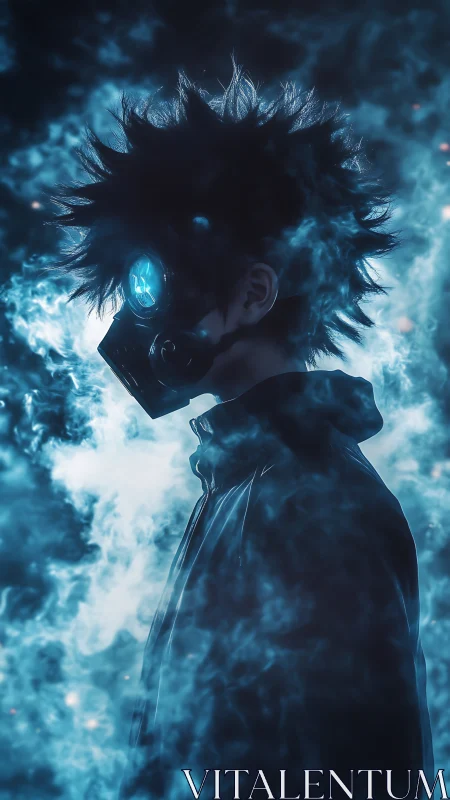 Dark figure in gas mask surrounded by glowing blue smoke.
