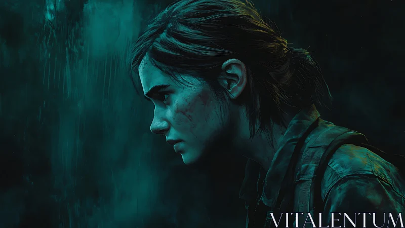 Battle-hardened survivor in teal-lit, rain-soaked gloom.