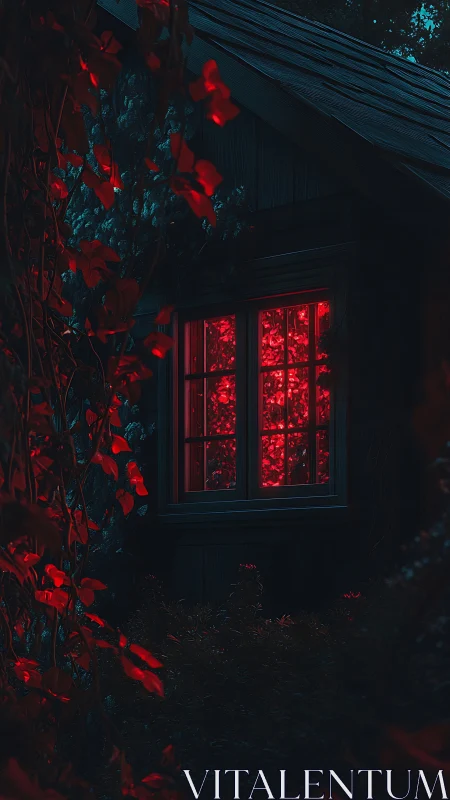 Crimson glow softly spills from a hidden woodland cabin window