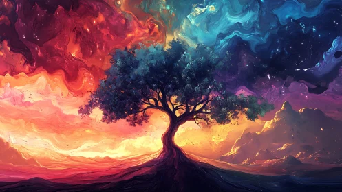Cosmic tree divides swirling nebula skies in vivid light.