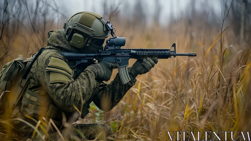Soldier in tactical gear aiming rifle in autumn field.