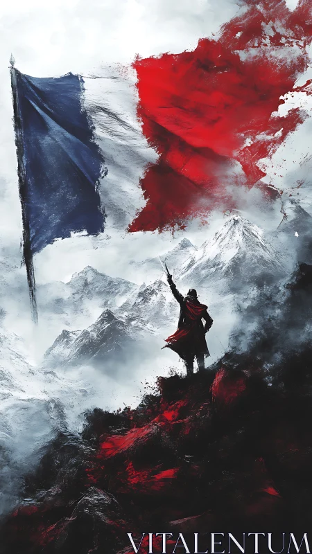 Figure on mountain slope below large tricolour flag in mist.