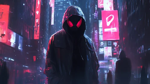 Hooded neon vigilante in rain-soaked cyber-urban alleyway.