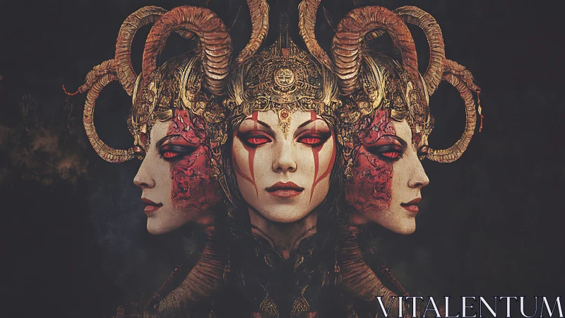 Three-faced demon queen braids gold and shadow into silence