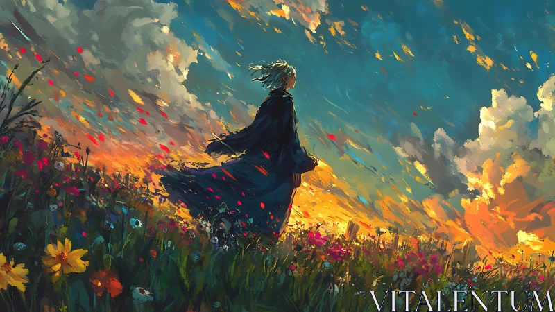 Solitary wanderer watches a blazing sky over wildflowers.