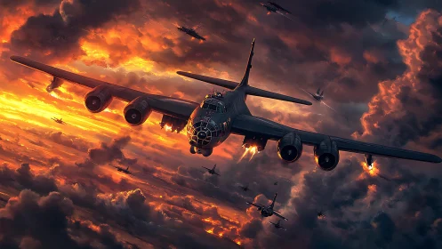 Large bomber aircraft formation in dense sunset cloud field.