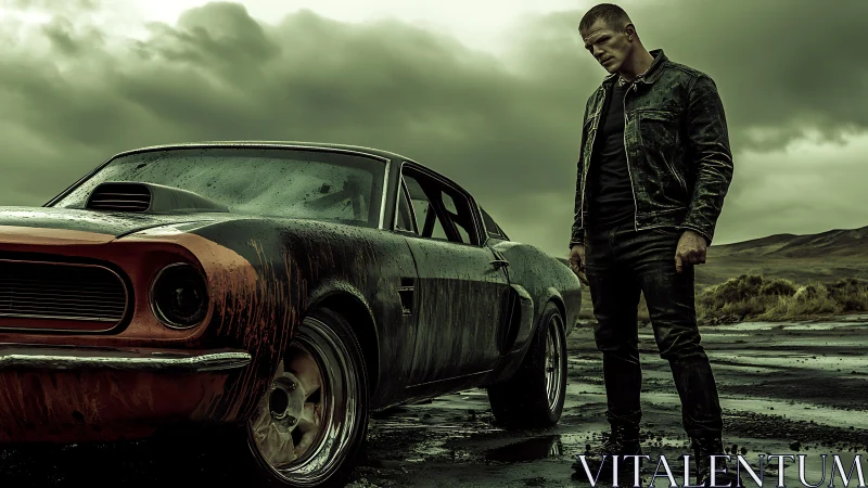 Stormy roadside pause with a brooding driver and muscle car.