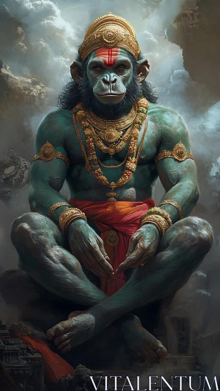 Mythic monkey deity sits in meditative celestial power.
