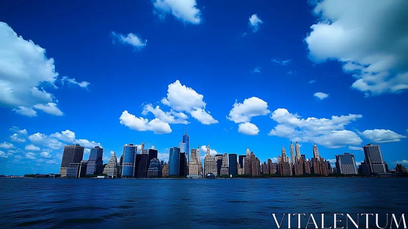 Bright blue skyline over calm city waterfront daydream.