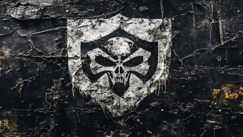 Grim skull sigil clawed into weathered urban battle wall.