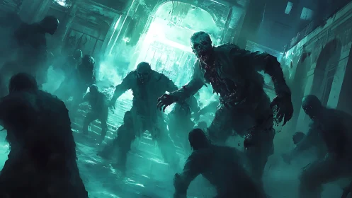 Undead horde surges through ruined corridor in teal mist.