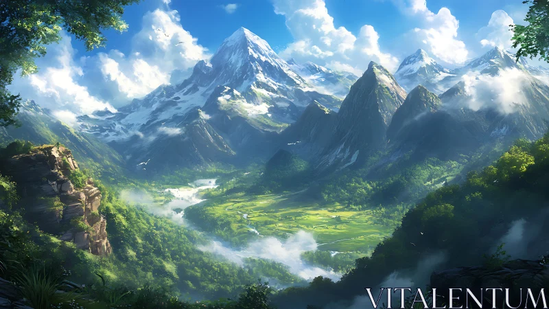 Sunlit valley cradled by snowcapped mountains and misty skies.