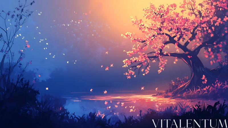 Digital landscape of flowering tree by reflective water at dusk.