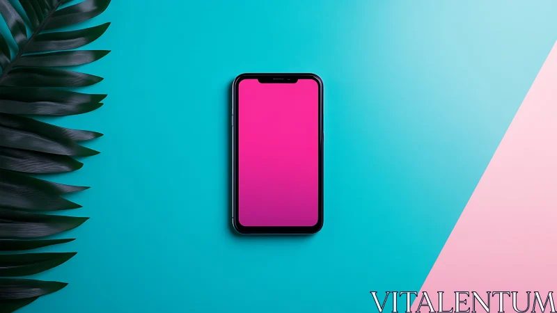 Smartphone mockup with magenta display on split color background.