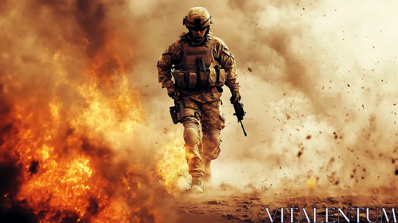 Armored soldier advances through explosive fire with dynamic debris