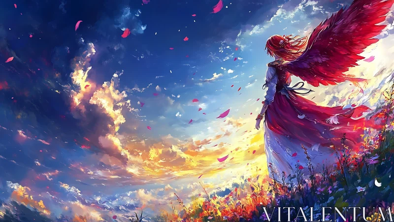 Red winged girl stands in flower field under vivid sunset sky