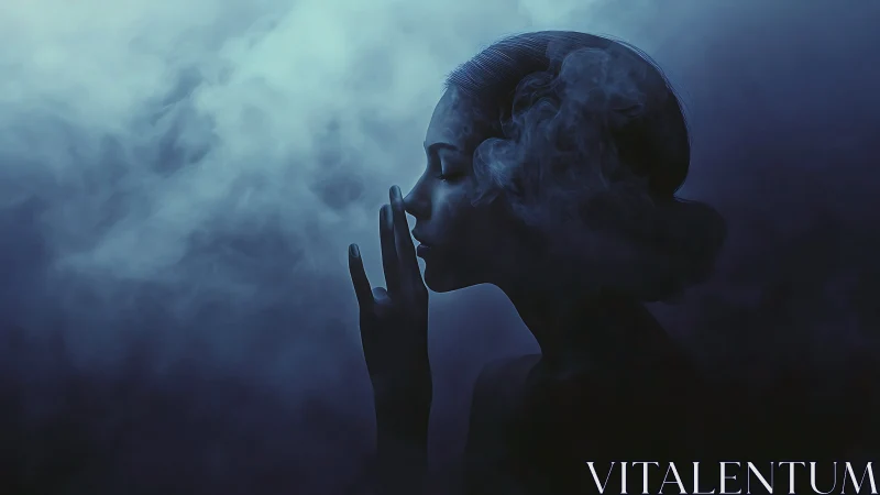 Silhouette siren inhaling moonlit mist in midnight hush.