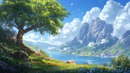 Sunlit alpine lake valley under towering cloud-wrapped peaks.