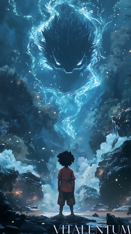 Child observing luminous creature in mist-filled canyon.