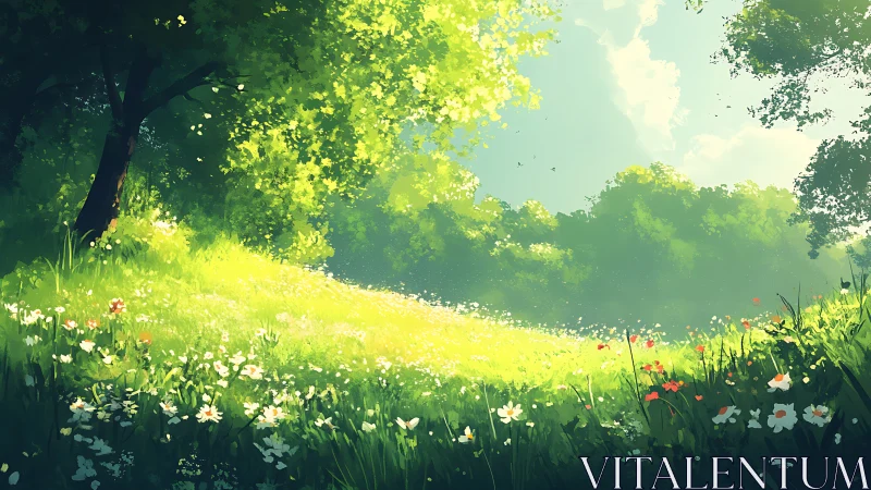 Sunlit wildflower meadow slopes beneath lush green trees.