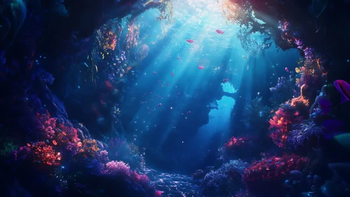 Sunlit underwater cave with colorful coral reef life.