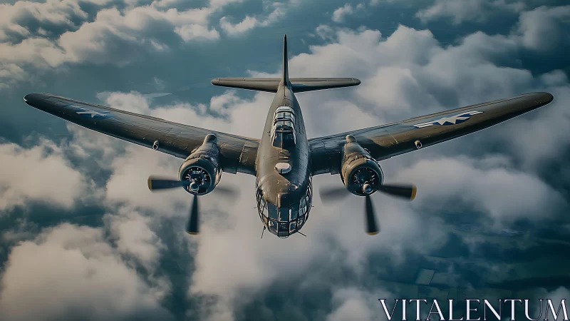 Historic twin‑engine warplane soars calmly above soft clouds
