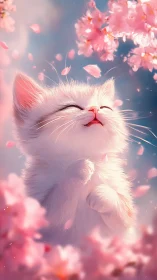White Cat with Pink Flowers and Falling Petals in Hazy Soft Focus