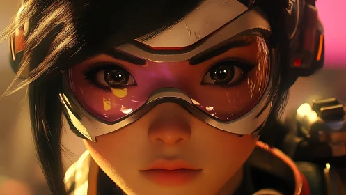 Close frontal view of stylized female character with visor.