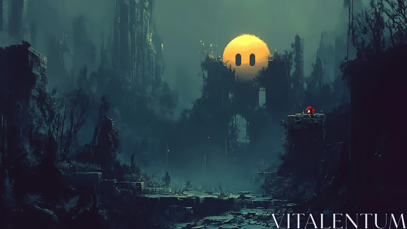 Gentle smiling moon watching over a misty ruined city.